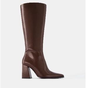 Tall Brown Leather Block-Heel Women's Boot